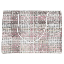 シックなピンクの白い格子模様のストライプクリスマススススパークル ラージペーパーバッグ