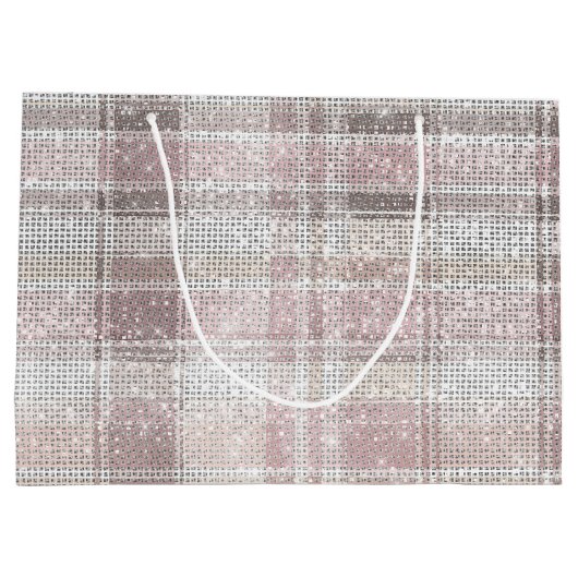 シックなピンクの白い格子模様のストライプクリスマススススパークル ラージペーパーバッグ (裏面)