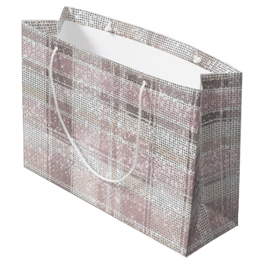 シックなピンクの白い格子模様のストライプクリスマススススパークル ラージペーパーバッグ (裏面アングル)