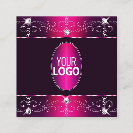 シックなピンクの紫のバーガン華美オーナメントロゴの追加 スクエア名刺 (正面)