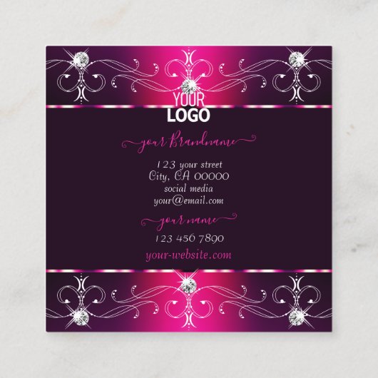 シックなピンクの紫のバーガン華美オーナメントロゴの追加 スクエア名刺 (裏面)
