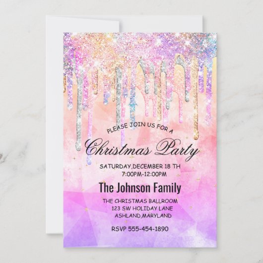 シックなピンクの紫の一角滴下グリッタークリスマス 招待状 (正面)