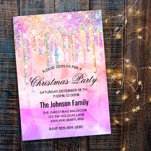 シックなピンクの紫の一角滴下グリッタークリスマス 招待状