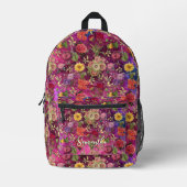 シックなピンクの紫色の花モノグラムフローラ プリントバックパック (正面)