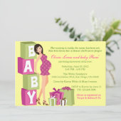 シックなピンクの緑の水玉模様のモダンなお母さんのベビーシャワー 招待状 (スタンド正面)