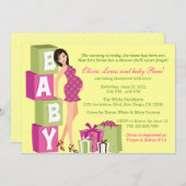 シックなピンクの緑の水玉模様のモダンなお母さんのベビーシャワー 招待状 (正面/裏面)