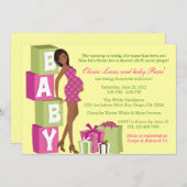 シックなピンクの緑の水玉模様のモダンなお母さんのベビーシャワー 招待状 (正面/裏面)