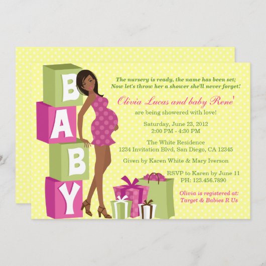 シックなピンクの緑の水玉模様のモダンなお母さんのベビーシャワー 招待状 (正面/裏面)