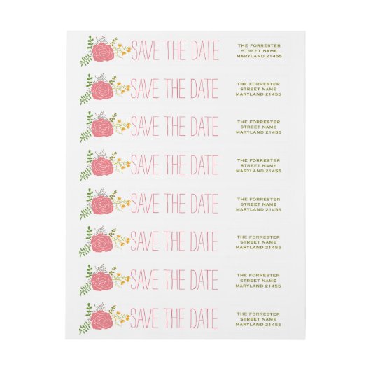 シックなピンクの花の緑の葉は日付を救います ラップアラウンドラベル (シート)