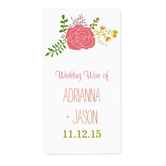 シックなピンクの花の葉緑のワ結婚イン ラベル (正面)
