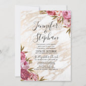 シックなピンクの花の金ゴールドの大理石の結婚式 招待状 (正面)