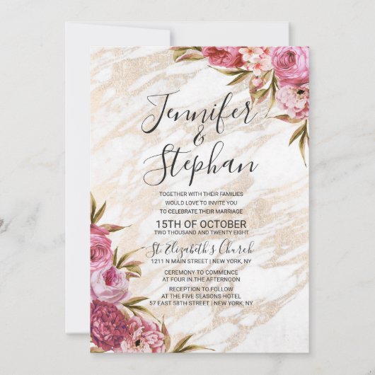 シックなピンクの花の金ゴールドの大理石の結婚式 招待状 (正面)