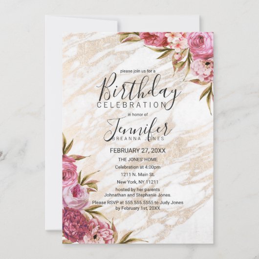 シックなピンクの花の金ゴールドの大理石の誕生会 招待状 (正面)
