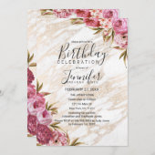 シックなピンクの花の金ゴールドの大理石の誕生会 招待状 (正面/裏面)