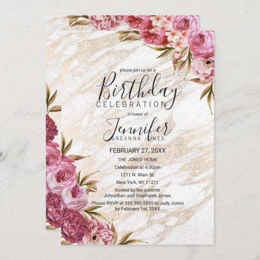 シックなピンクの花の金ゴールドの大理石の誕生会 招待状 (正面/裏面)