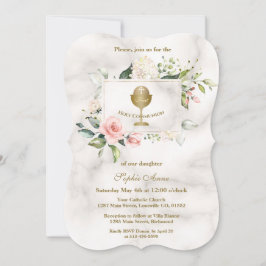 シックなピンクの花フレームガールマーブル神聖な聖餐式 招待状