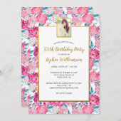 シックなピンクの花Any Age追加フォトバースデーパーティー 招待状 (正面/裏面)