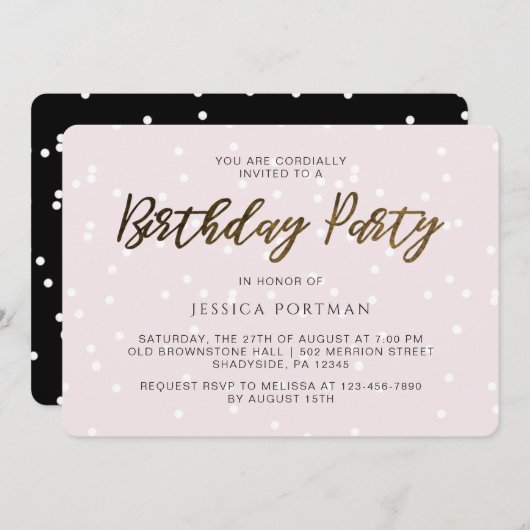 シックなピンクの誕生日パーティかわいらし紙吹雪 招待状 (正面/裏面)