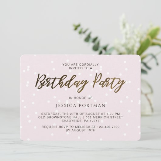シックなピンクの誕生日パーティかわいらし紙吹雪 招待状 (スタンド正面)