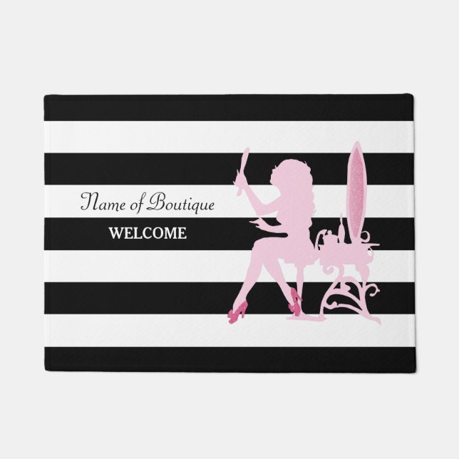 シックなピンクの輝きの女の子の黒のストライプの毛のブティック ドアマット (正面)