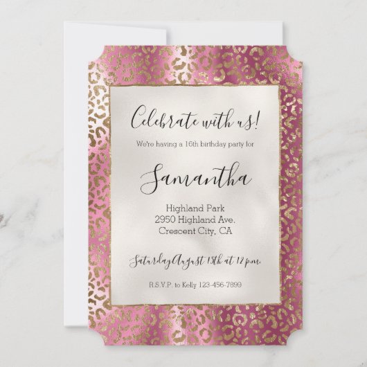 シックなピンクの金ゴールドグラムヒョウ柄 招待状 (正面)
