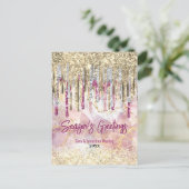シックなピンクの金ゴールドグリッターは新年のクリスマスを乾燥 ポストカード (スタンド正面)