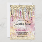 シックなピンクの金ゴールドグリッタードリップモノグラムクリスマス 招待状 (正面)