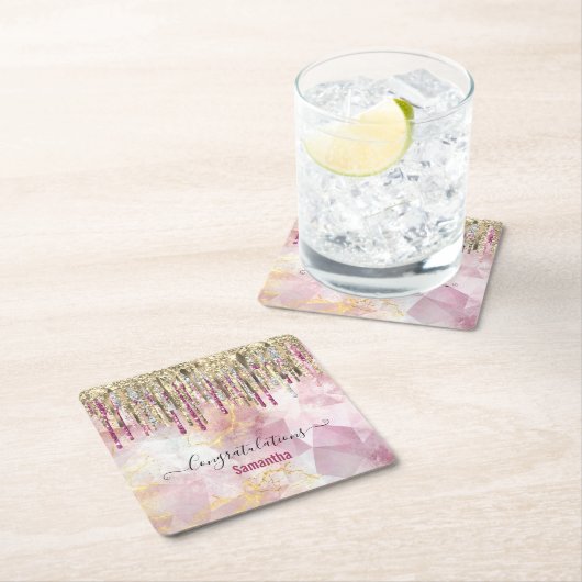 シックなピンクの金ゴールドグリッタードリップモノグラム スクエアペーパーコースター (インサイチュ)