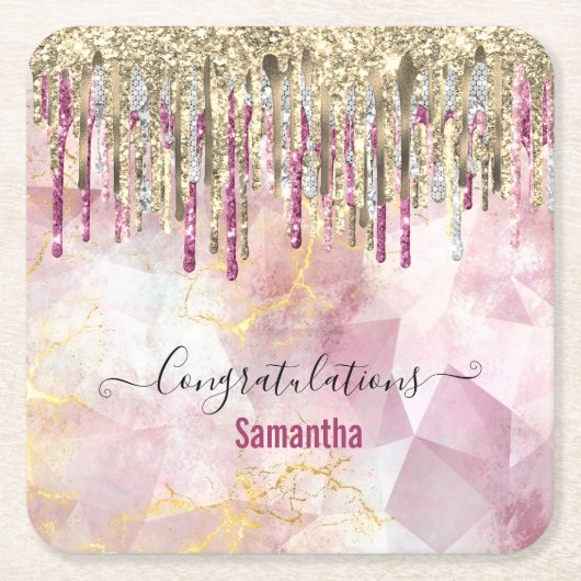 シックなピンクの金ゴールドグリッタードリップモノグラム スクエアペーパーコースター (正面)