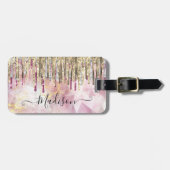シックなピンクの金ゴールドグリッタードリップモノグラム ラゲッジタグ (正面横)