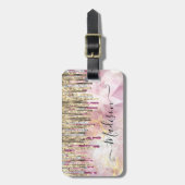 シックなピンクの金ゴールドグリッタードリップモノグラム ラゲッジタグ (正面縦)