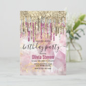シックなピンクの金ゴールドグリッタードリップモノグラム 招待状 (スタンド正面)