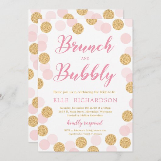 シックなピンクの金ゴールドグリッター水玉模様ブランチと泡立ち 招待状 (正面/裏面)