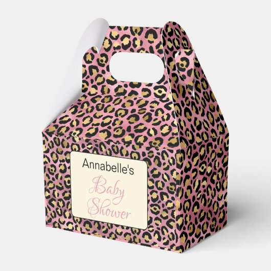 シックなピンクの金ゴールドヒョウ柄ベビーシャワー フェイバーボックス (正面サイド)