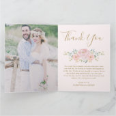 シックなピンクの金ゴールドフローラ牡丹結婚緑の写真 サンキューカード (内部)