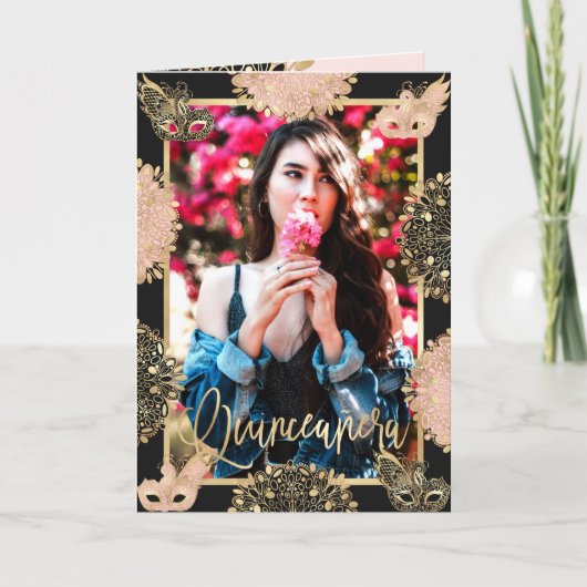 シックなピンクの金ゴールドマスカレードマスクエスパニールキンセアニラ 招待状 (正面)