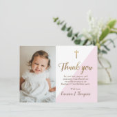 シックなピンクの金ゴールドモダン最初の誕生日バプテスマ写真 サンキューカード (スタンド正面)