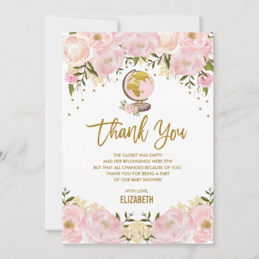 シックなピンクの金ゴールド花旅行冒険のベビーシャワー サンキューカード (正面)