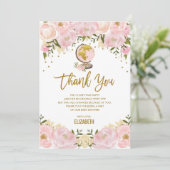 シックなピンクの金ゴールド花旅行冒険のベビーシャワー サンキューカード (スタンド正面)