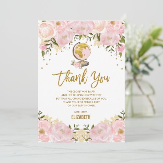 シックなピンクの金ゴールド花旅行冒険のベビーシャワー サンキューカード (スタンド正面)
