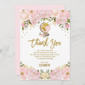 シックなピンクの金ゴールド花旅行冒険のベビーシャワー サンキューカード (正面/裏面)