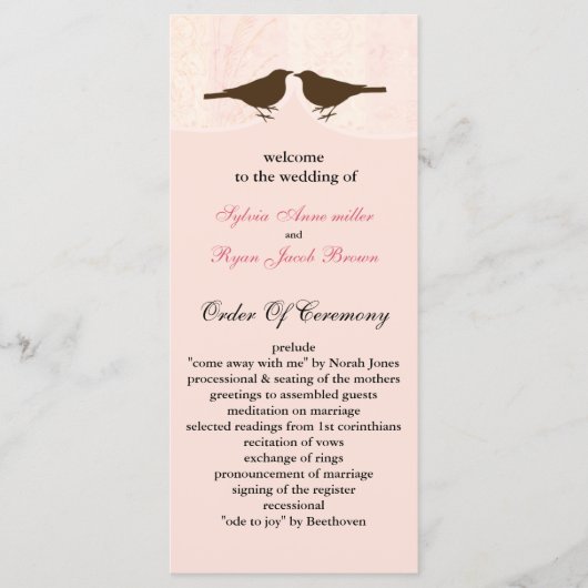 シックなピンクの鳥のケージ、愛の鳥の結婚式プログラム プログラム (正面)