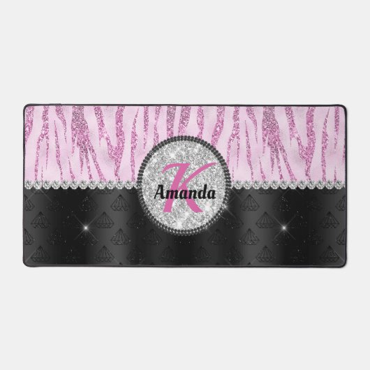シックなピンクの黒フェイクグリッターアニマルプリントモノグラム デスクマット (正面)