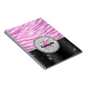 シックなピンクの黒フェイクグリッターアニマルプリントモノグラム ノートブック (右側)