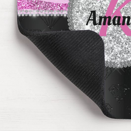 シックなピンクの黒フェイクグリッターアニマルプリントモノグラム マウスパッド (コーナー)