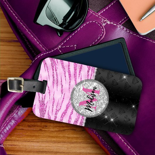 シックなピンクの黒フェイクグリッターアニマルプリントモノグラム ラゲッジタグ