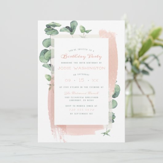 シックなピンクアクアレルブラシフローラ誕生日パーティー 招待状 (スタンド正面)