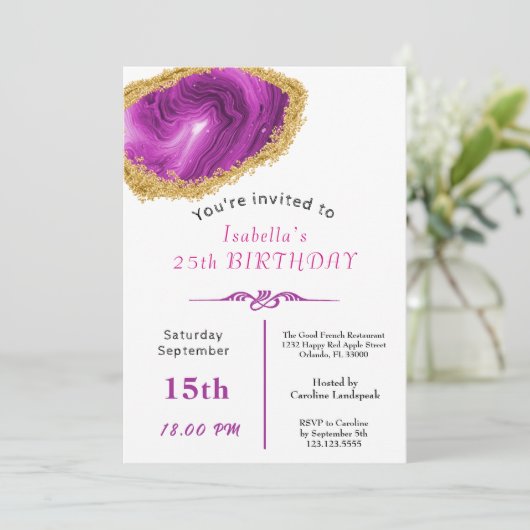 シックなピンクアゲート金ゴールド金箔誕生日 招待状 (スタンド正面)