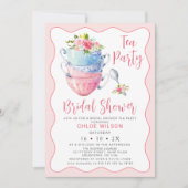 シックなピンクウェーブフローラブライダルシャワーティーパーティー 招待状 (正面)