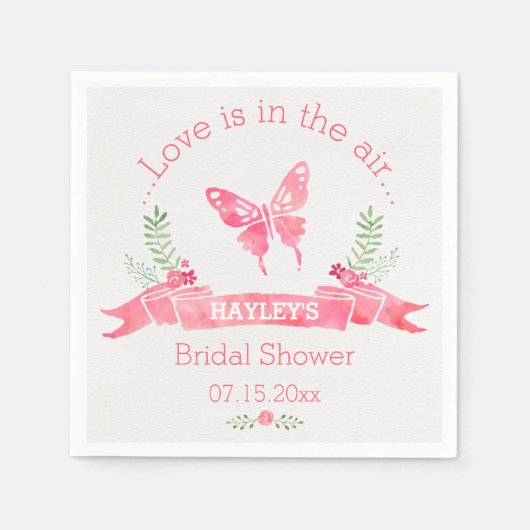 シックなピンクウォーターカラーバタフライガールブライダルシャワー スタンダードカクテルナプキン (正面)